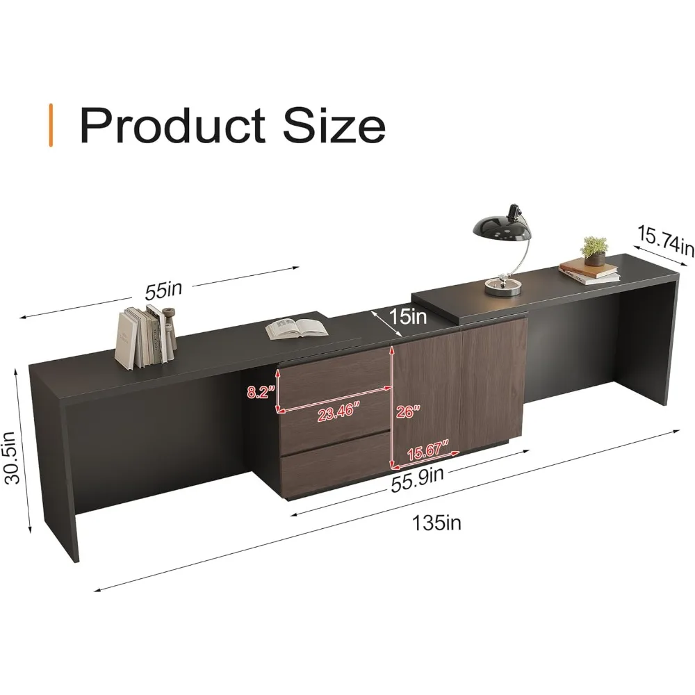 مكتب كمبيوتر طويل للغاية مقاس 135 بوصة، طاولة لشخصين مع 3 أدراج وبابين للخزانة، طاولة تعلم لمحطة العمل المزدوجة للعائلة