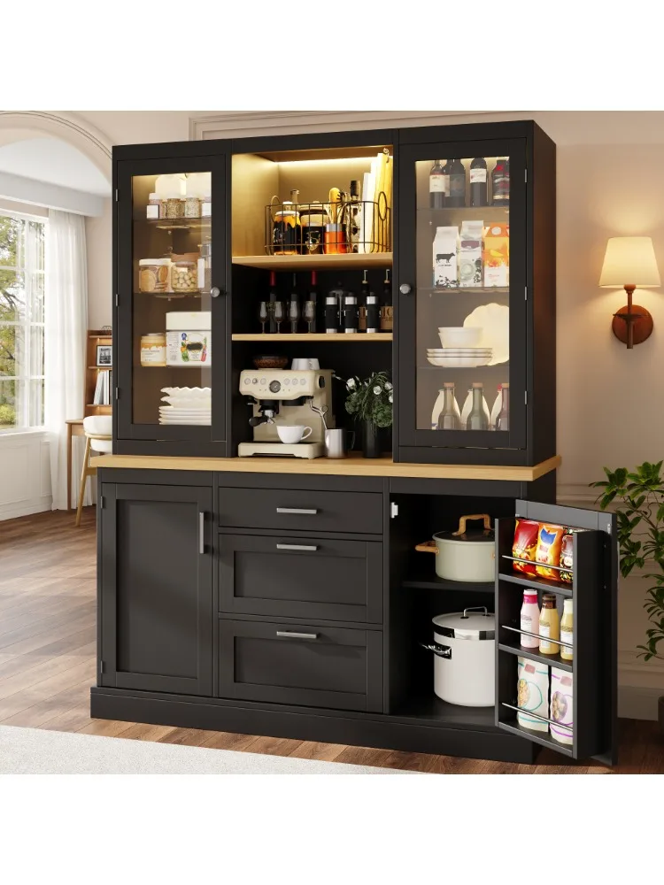 Keukenkast met app-gestuurde LED-verlichting, 185x140x40cm, 3 laden, aanrechtblad en verstelbare planken, zwart/wit/groen - afbeelding 2