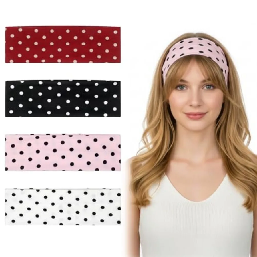 

4 Pack Polka Dot Headband, Non Slip Wide Elastic Headbands Soft Fabric Hair Accessories for Women Yoga Workout and Daily Fashio