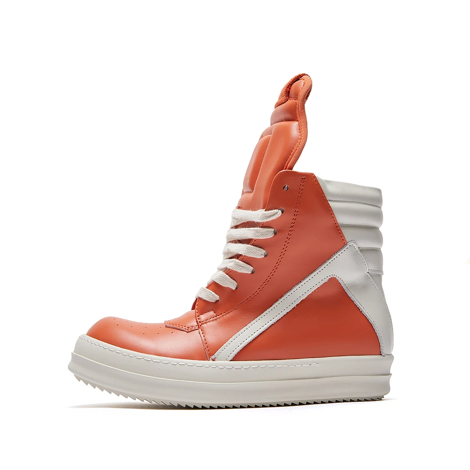 Brand Casual Men Shoe High Top Women Sneakers Quality Orange Leather Ankle Boots Geobasket Roman Thick-sole Zip Flat Shoes