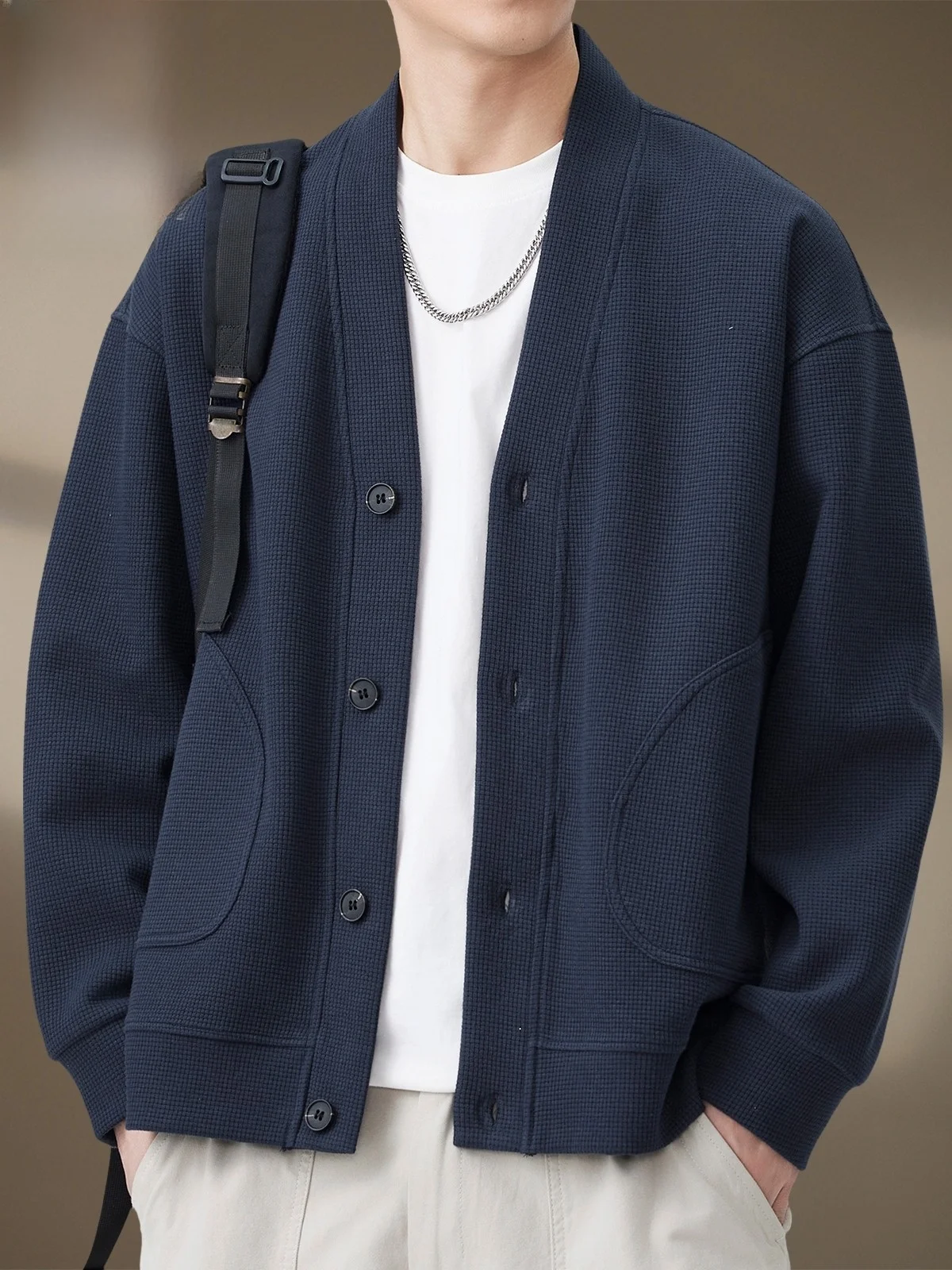 

Men's Spring Open Cardigan Sweatirt Casual V-ne Loose Top Button-up Long Sve Anti-wrinkle Youth Faion