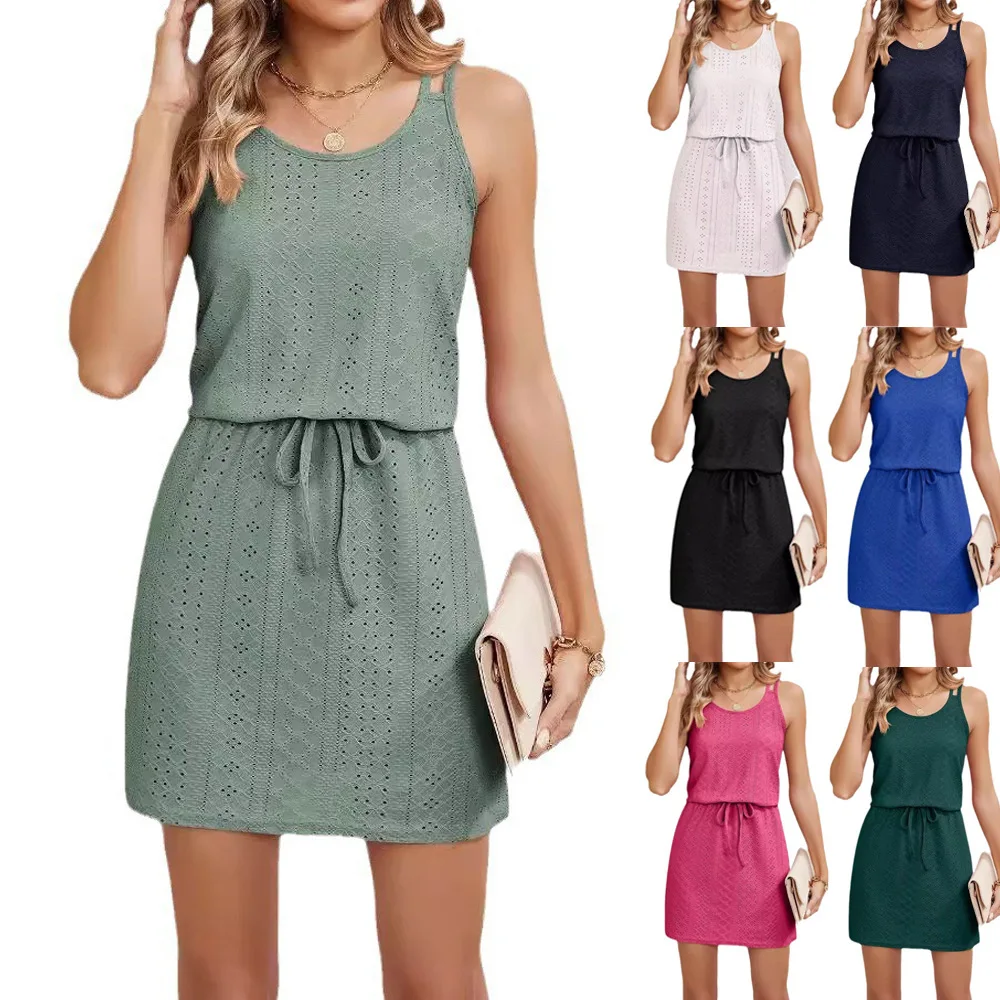 

Women Dresses Summer Casual Cross Back Hollow Out Solid Color Swim Cover Up Belt Thin Straps Female Sleeveless Vest Midi Dress