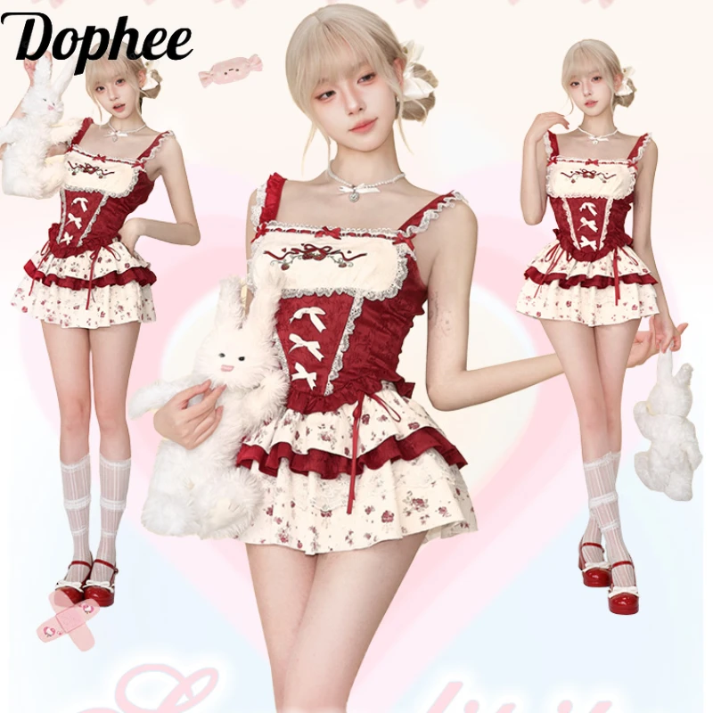 Dophee New Summer Spice Girls Two-piece Set Cute Colorblock Fishbone Camis Tanks Top + Lace Splicing Floral Skirt Sweet Suits