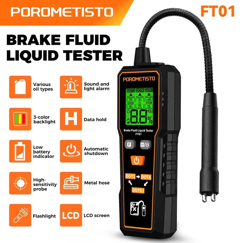 FT01 Digital Brake Fluid Tester 3-Colors Backlight Flexible Probe Sound Light Alarm Auto Car Brake Oil Tester DOT3/DOT4/DOT5.1