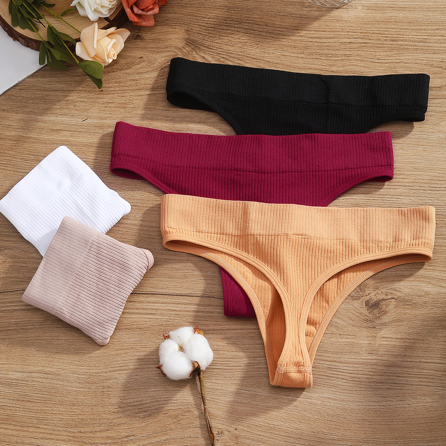 Sexy Women Cotton Thongs Low Waist G-String Solid Color Striped Panties Female Underwear T-Back Intimate Lingerie