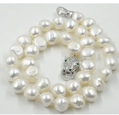 

longer 45-60CM silver natural white baroque freshwater 9-10mm south sea White baroque pearl necklace leopard Clasp