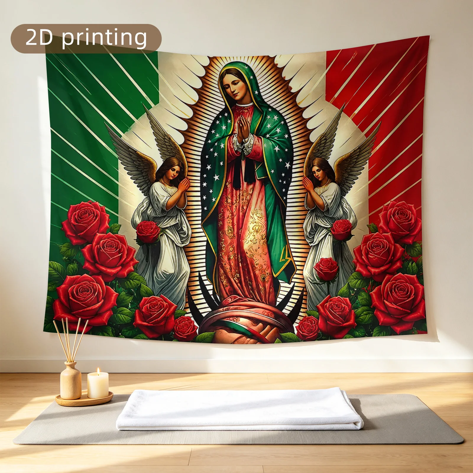 1pc 2D Printed Tapestry, Our Lady  with Angels and Roses, Aesthetic Wall Decor, Home Decor, Not Emitting Light, Suitable