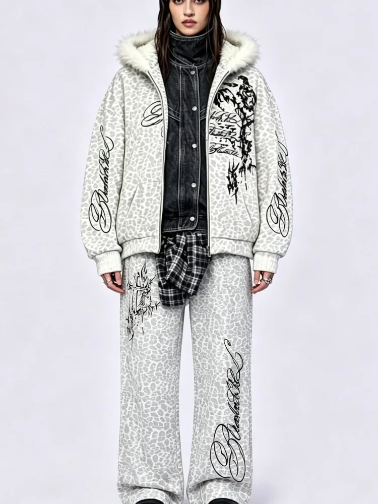 Grey Leopard Furry Collar Jacket Pants 2Pcs Set Y2K Gothic Graffiti Loose Outfit