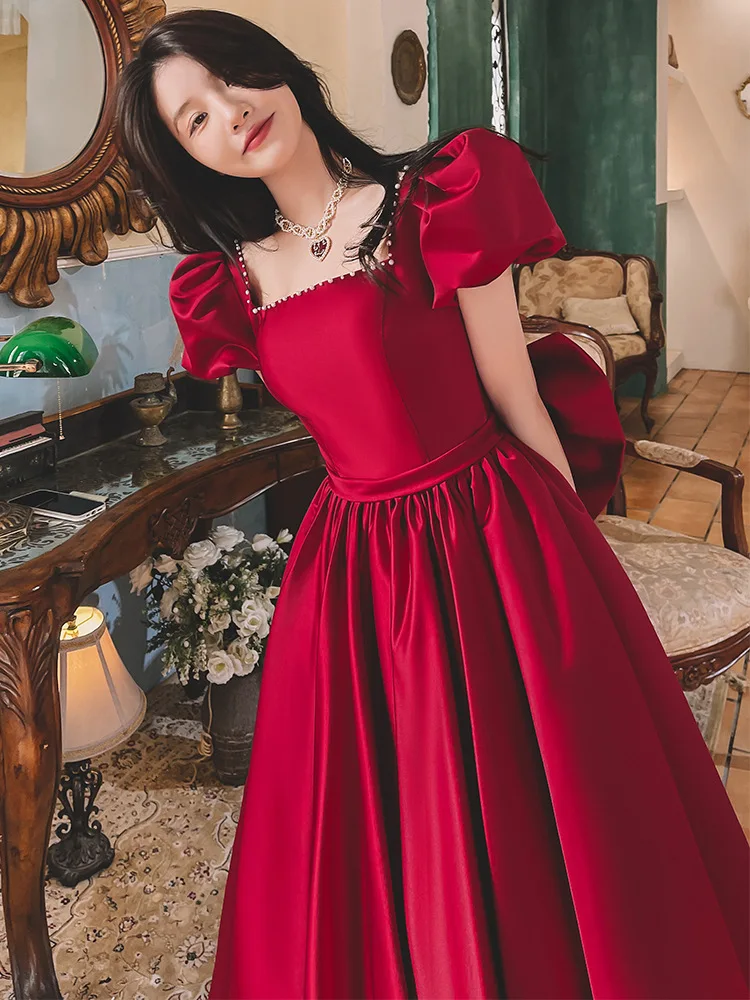 Burgundy Simple Evening Dress Luxury Satin Elegant Square Collar Puff Sleeve Backless Large Bow Mid-Long Homecoming Gowns