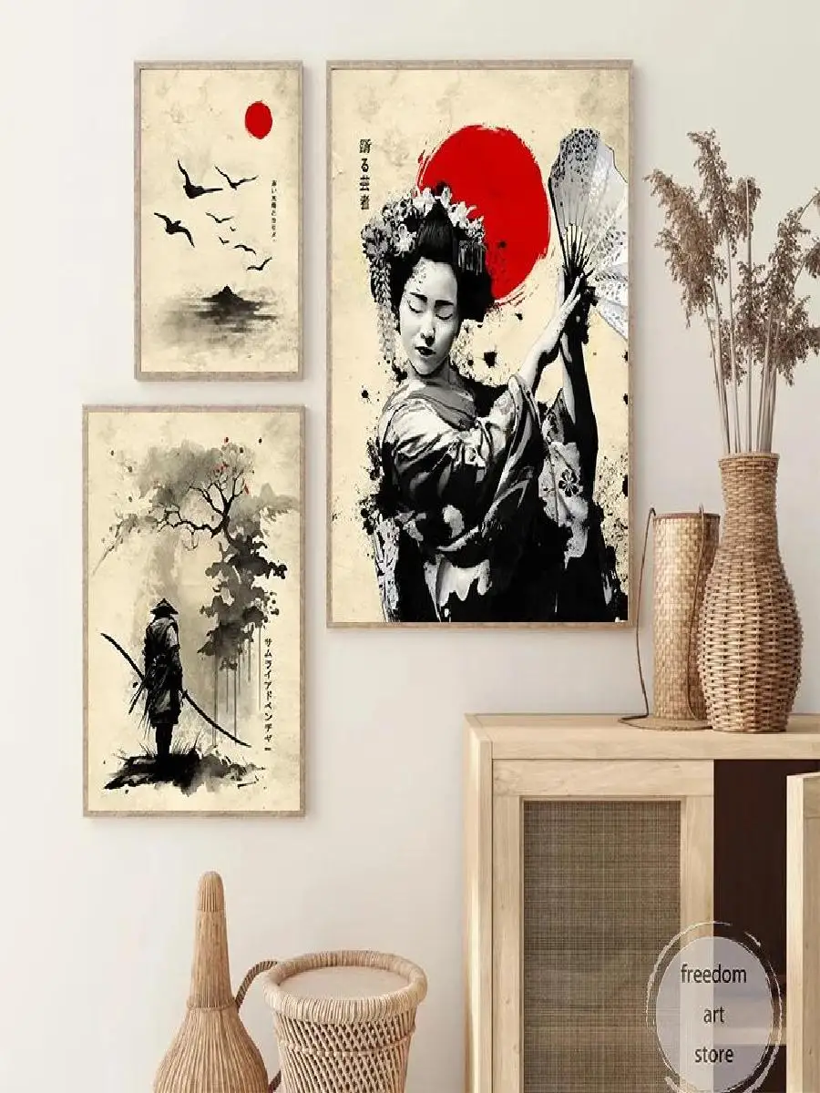 Japanese Geisha Samurai Warrior Koi Fish Bushido Katana Art Canvas Poster Painting  Wall Print Picture for Living Room Home Deco