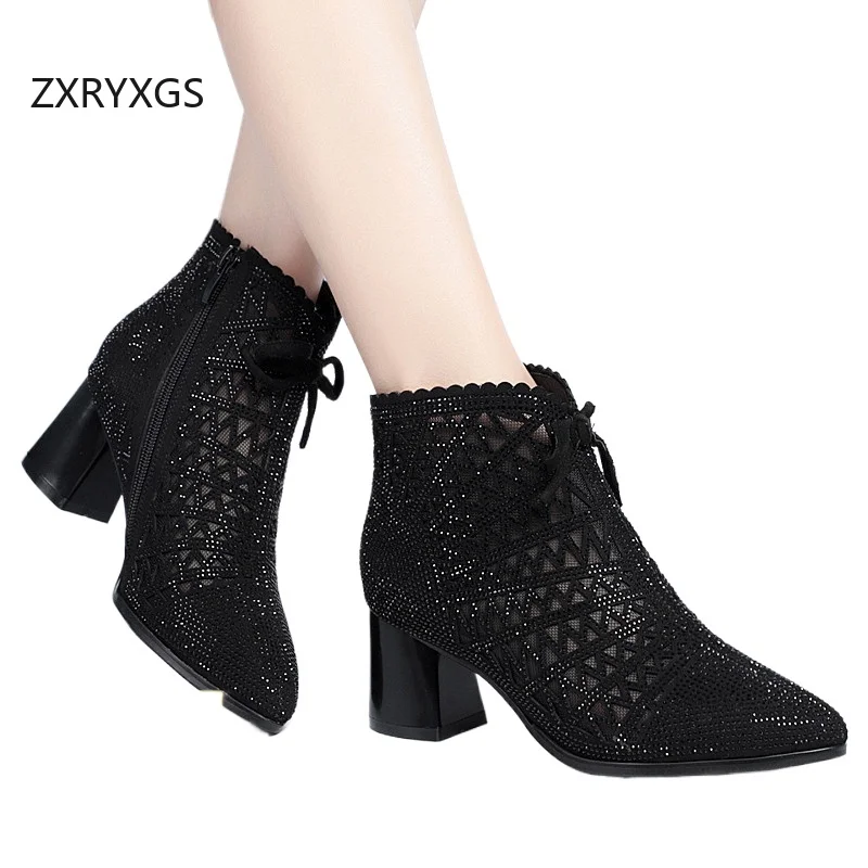 ZXRYXGS 2024 High End Pointed Summer Boots Fashion Sandals Superior Microfiber Mesh Sandals Rhinestone Shoe Summer Women Sandals