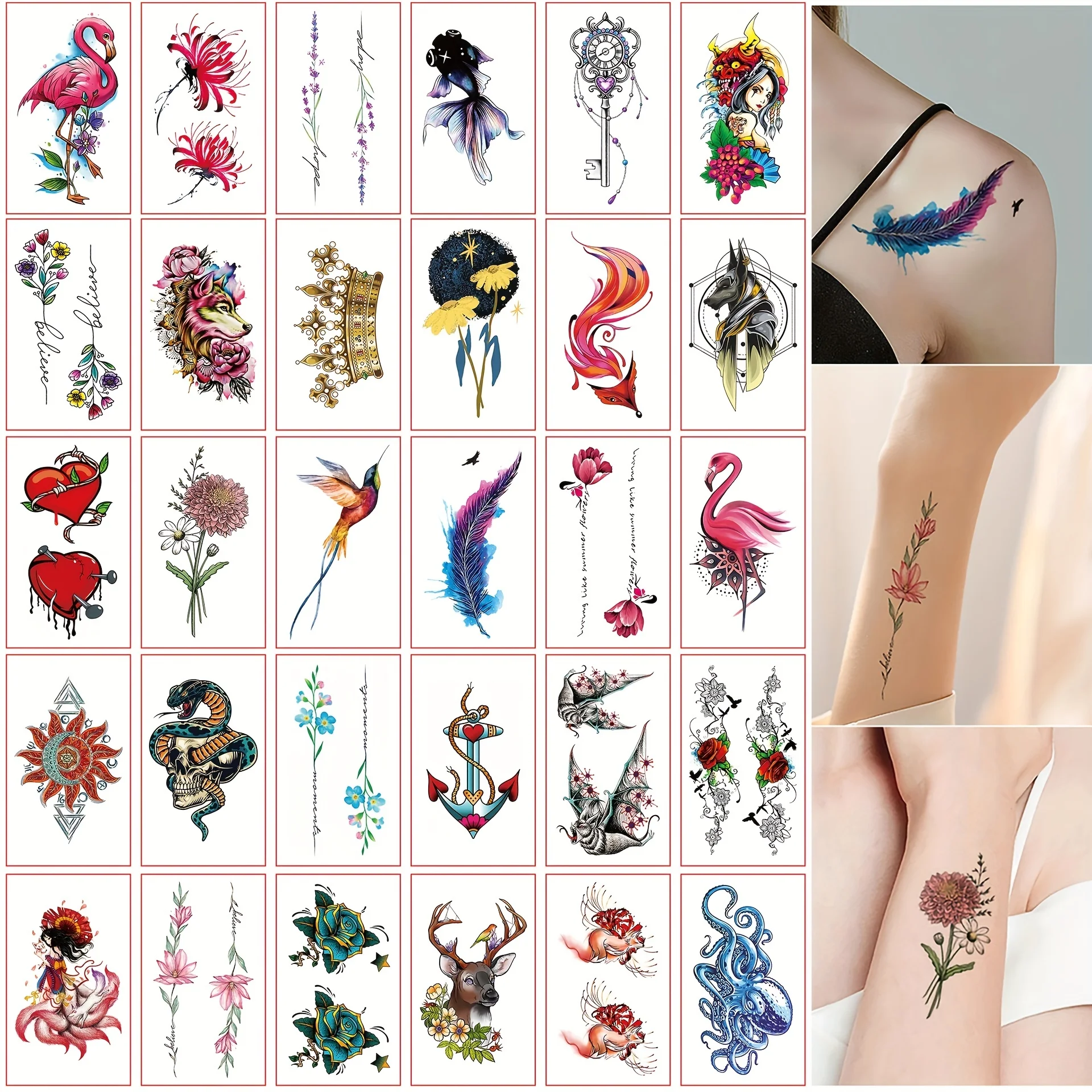 

30pcs/set Temporary Tattoos Flamingo Feather Fake Tatoo Stickers Waterproof for Women Girls Adult Arm Leg Wrist Hand Body Art