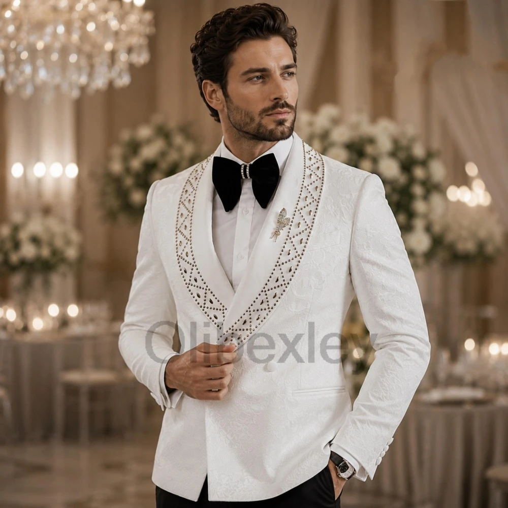 Olibexley White Diamond Beaded Men Suits 2 Pieces Sets Groom Wedding Tuxedos Male Prom Blazer Disfraz Hombre Customized S348