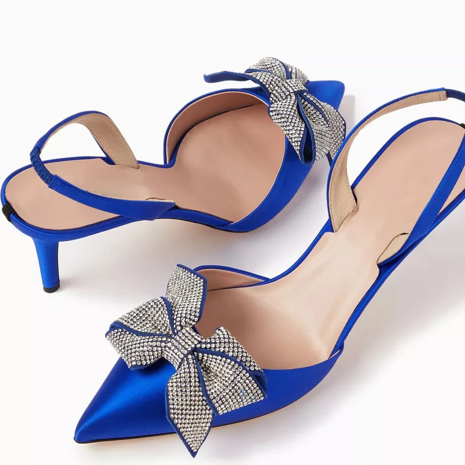 Czerwone plamy kryształowe motylkowe węzeł czółenka na wysokim obcasie damskie szpiczaste szpilki Slingback Rhinestone Bow Bling Bling buty ślubne