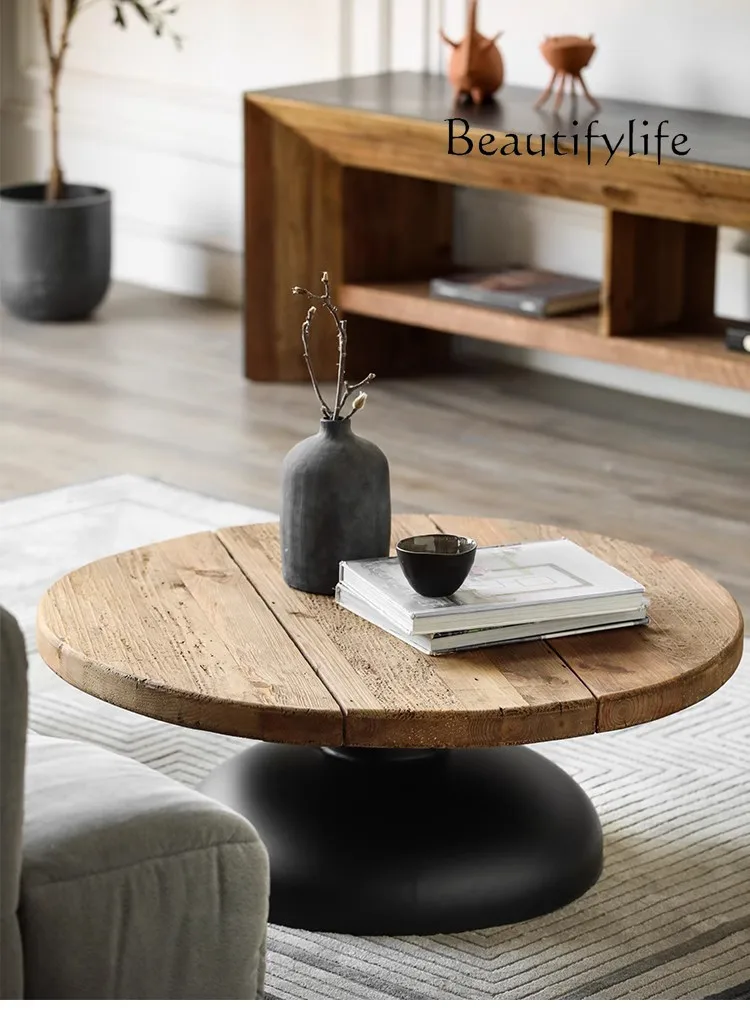 Nordic Mild Luxury Retro round Wooden Sofa and Tea Table Quiet Style Living Room Side Table Table Small Apartment