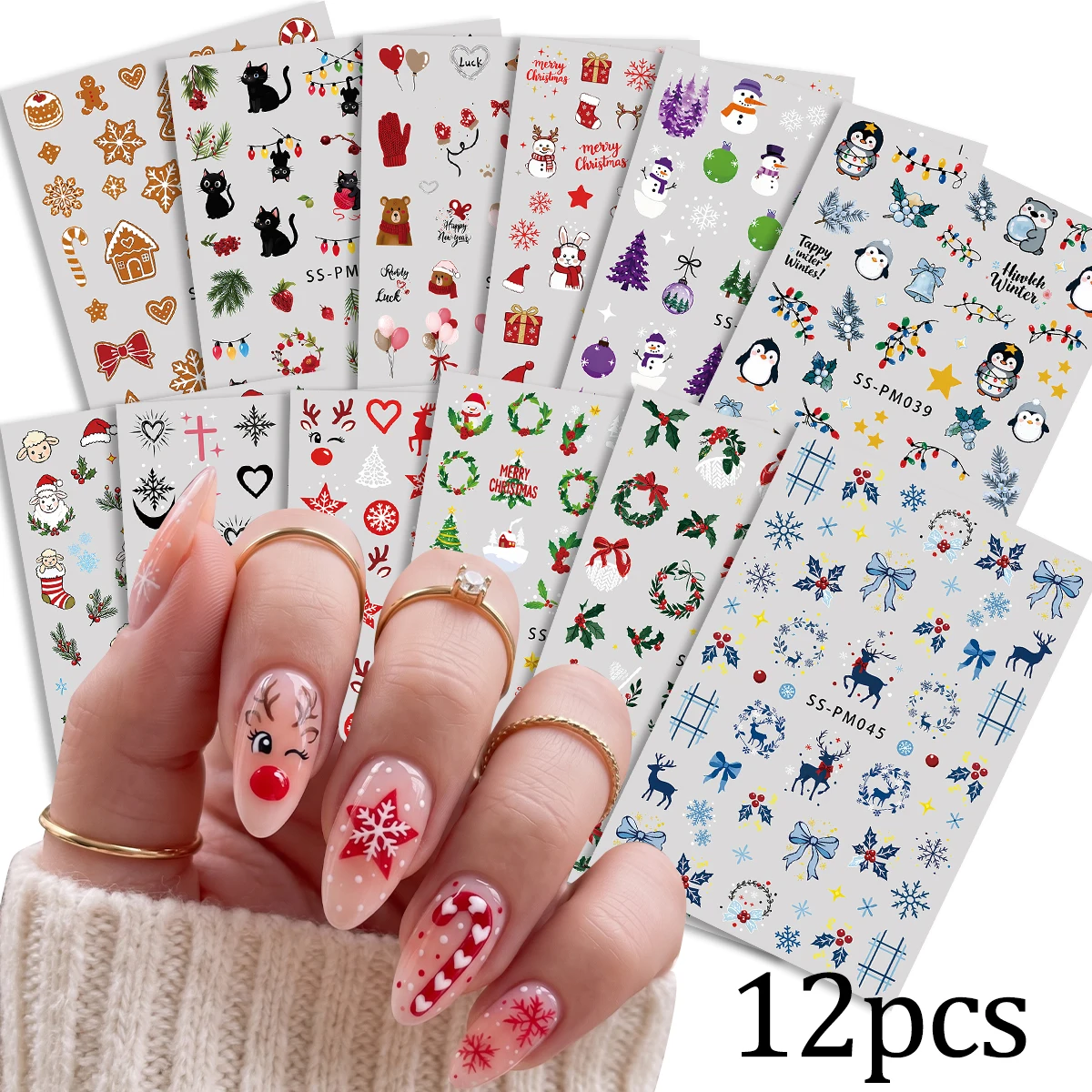 12pcs Lovely Christmas Nail Art Stickers 3D Snowflake Deer Penguin Animals Cartoon Xmas Nail Decals DIY Manicure Decorations