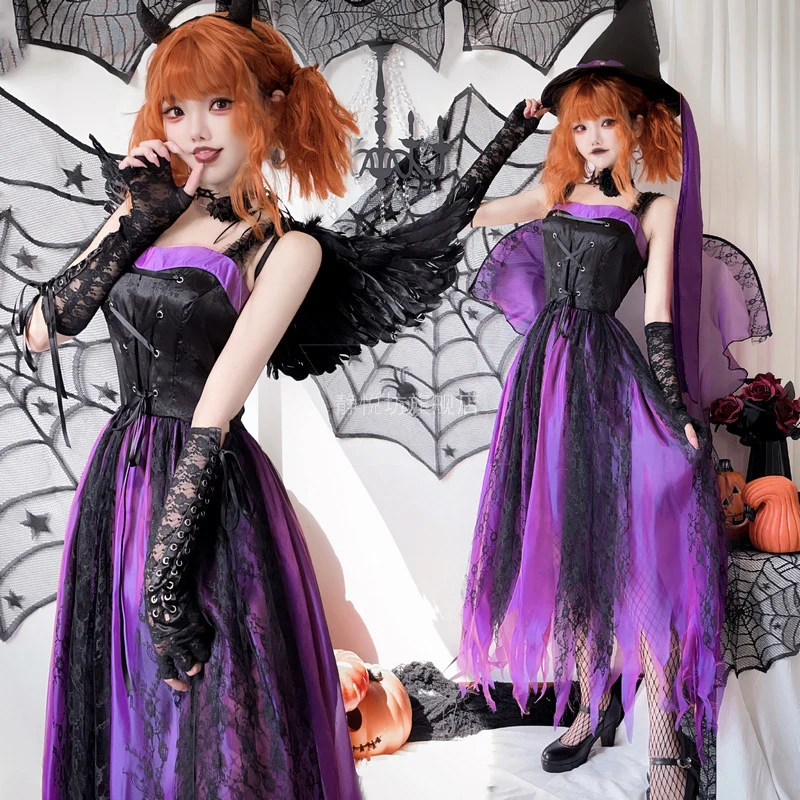 

Halloween Costumes for Women Wings Angel Cosplay Dress Dark Ghost Bride Vampire Queen Purple Witch Vestidos Disfraz