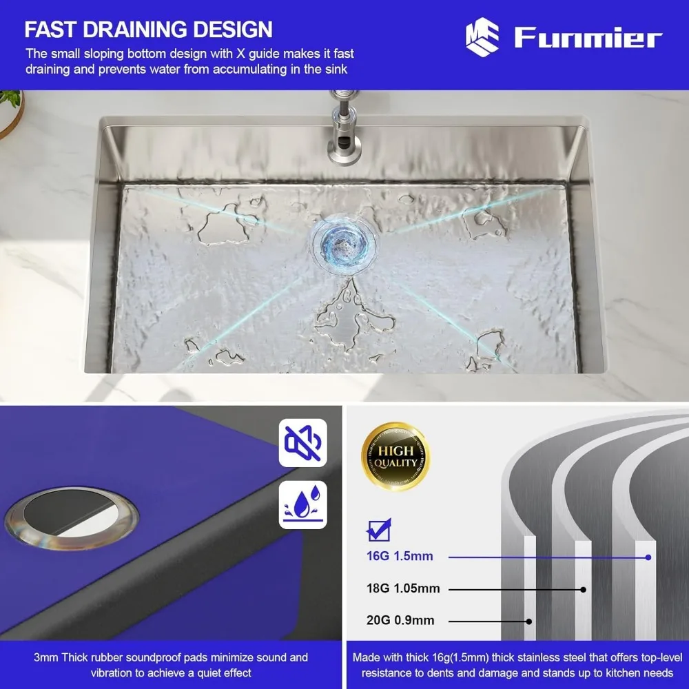 حوض مطبخ سفلي من الفولاذ المقاوم للصدأ مقاس 32 × 19 - حوض مصنوع يدويًا بقياس 16 مع تصريف خارج المركز للمطبخ الحديث #4