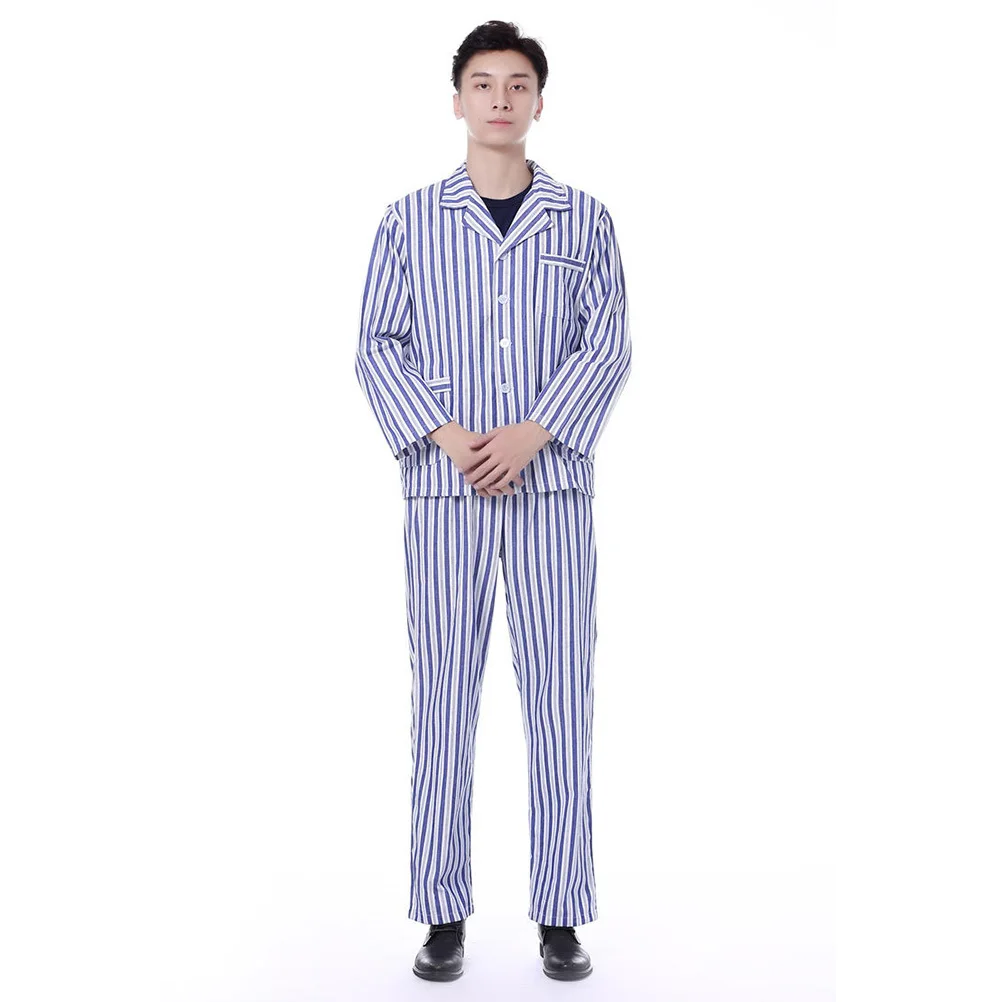 Pyjama Patient en coton à manches longues, col classique, poches avant, 3xl, rayures bleues et blanches, vêtements confortables pour hôpital et quotidien