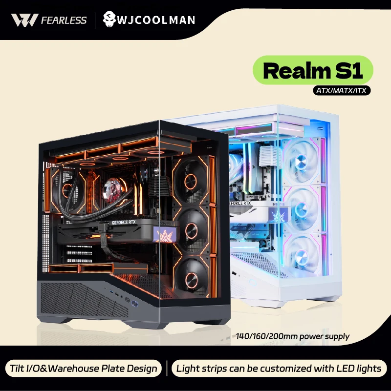 WJCOOLMAN Realm S1 ATX/MATX/ITX Light Strip PC Gaming Case 270° Sea View Room 360 Water Cooler Desktop Computer Case Type-C