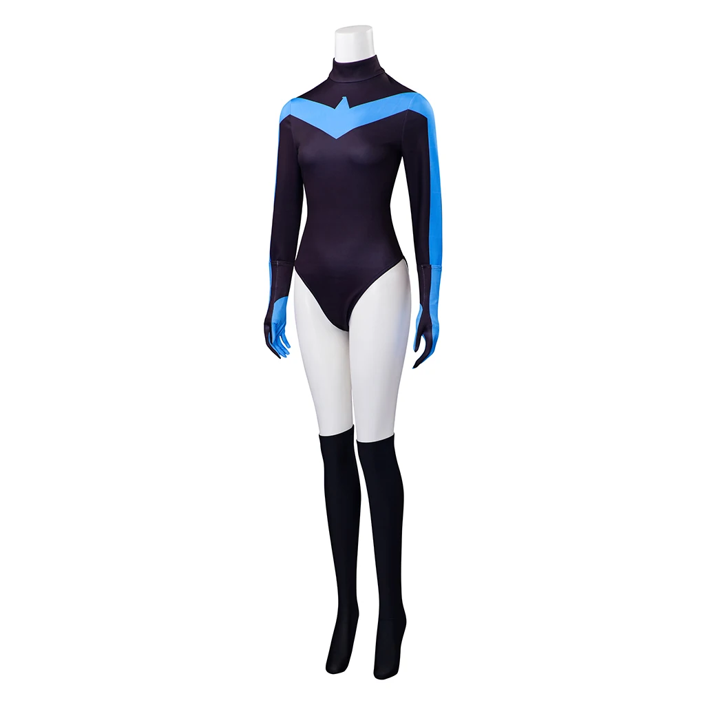 Black and Blue Costume Jumpsuit Haloween Superhero Bodysuit with Gloves Stockings Full Set for Women