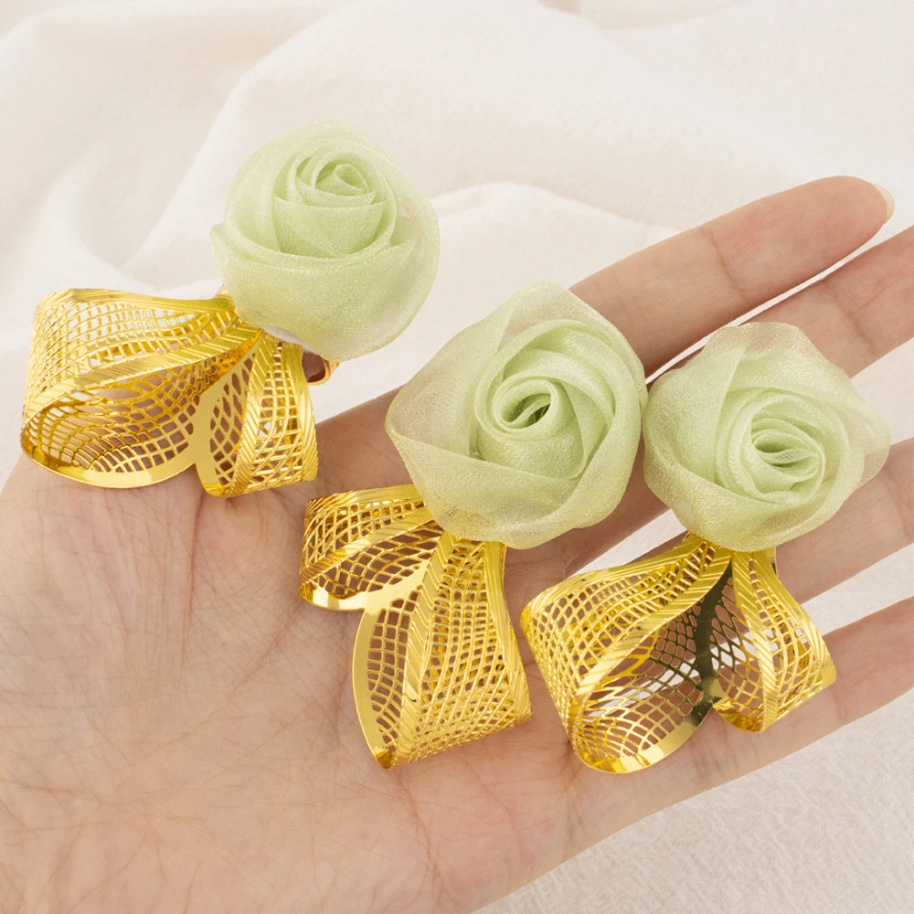 

Woman Luxuury Earrings Ring Set Green Rose Shape Jewelry Set Trend Earrings Plated Ring Apply to Party Wedding Banquet