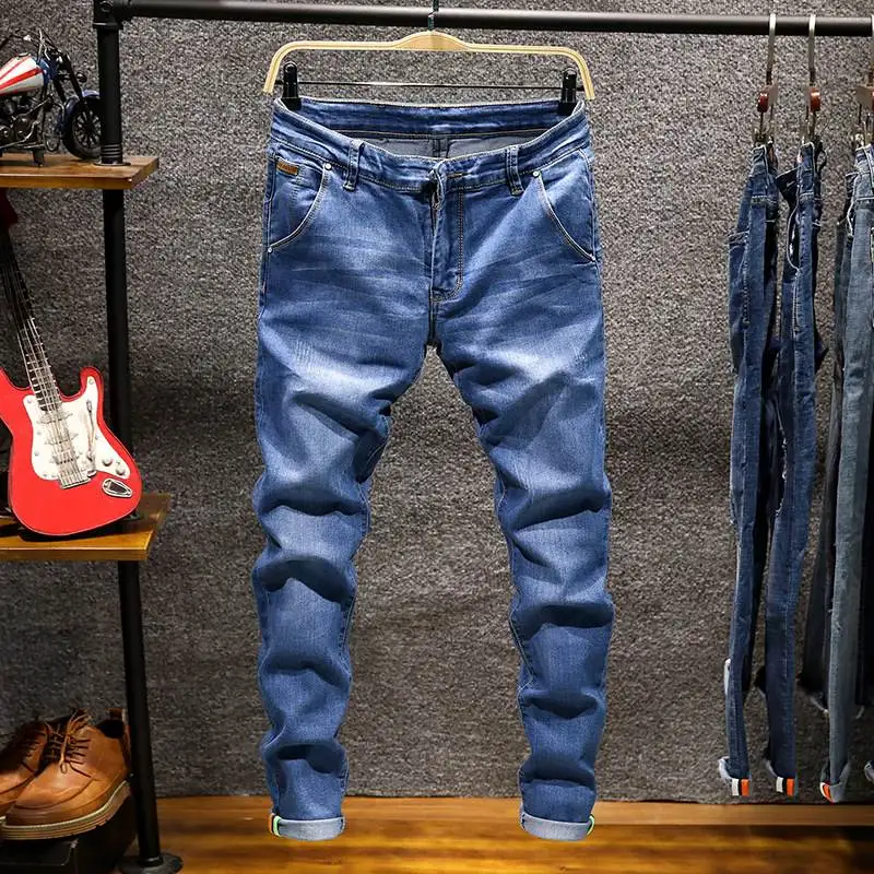 Men's Slim Fit Jeans Hole Pants Autumn Casual Nine Points Jeans Blue Color Male Model for Young Men And Boys