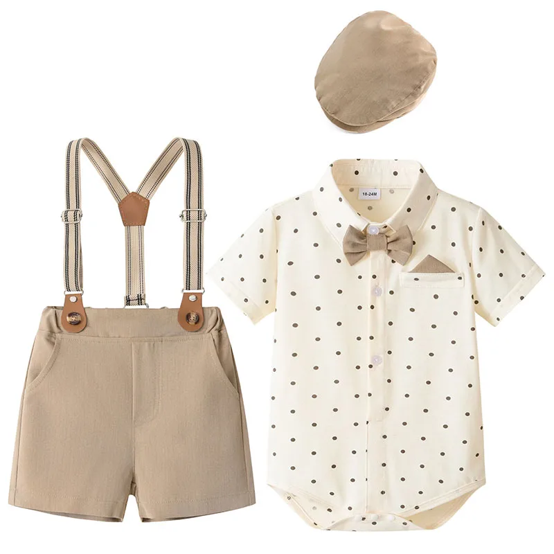 5Piece Summer Boys Outfit Set Korean Fashion Gentleman Dot Short Sleeve Cotton Bodysuit+Shorts Newborn Clothes Baby Items B146
