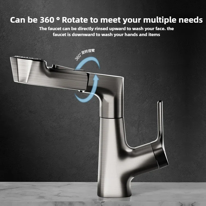 Rotary Pull-Out Sink Faucet Three-Mode Hot and Cold Bathroom Mixer Tap for Washbasins Versatile Bathroom Fixture