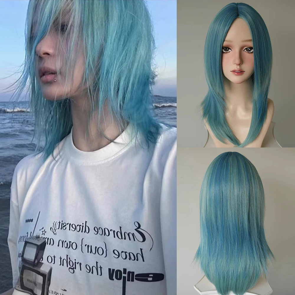 

Ombre Blue Medium Long Synthetic Straight Wig Women Lolita Cosplay Fluffy Heat Resistant Wig Middle Part for Daily Party