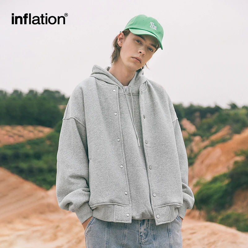 INFLATION Plain Sweatshirt Jacket Men 350gsm Winter Thick Fleece Baseball Jacket Unisex Fashion Loose Warm Outwear Men Coats