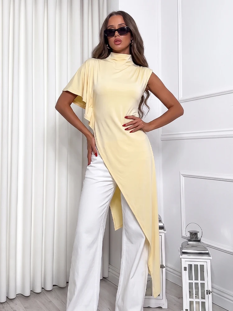 HH Women Fashion Asymmetric Pleated Tops Extra Long High Collar Slim Chic Short Sleeve Top 2026 Summer Trendy High Street Wear
