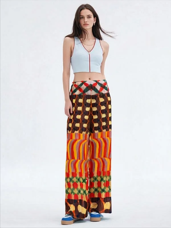 

Miyake Fold 2025 Thin Style Spring and Autumn High Waist Contrast Printed Casual Versatile Straight Leg Wide Leg Pants for Women
