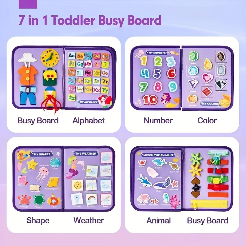 7-in-1 Mermaid  Early Learning Toddler Felt Busy Board for kids - 5 Layers Educational activity-Gift For Christmas, Birthdays