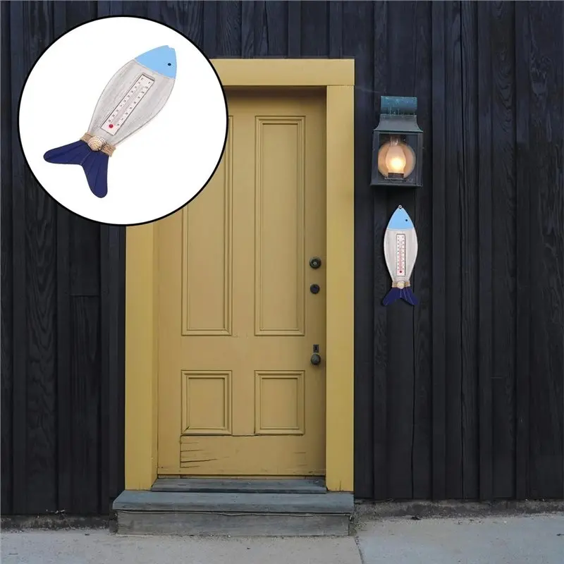 AB46-Indoor/Outdoor Fish-Shaped Nautical-Style Wooden Wall Thermometer Decorative Thermometer Mounting