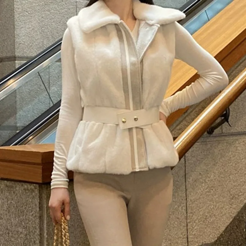 Gilet Chic et décontracté pour femme, vêtement d'extérieur avec ceinture, garniture en fourrure, pour les déplacements à la taille, avec ceinture, autre fourrure, automne et hiver