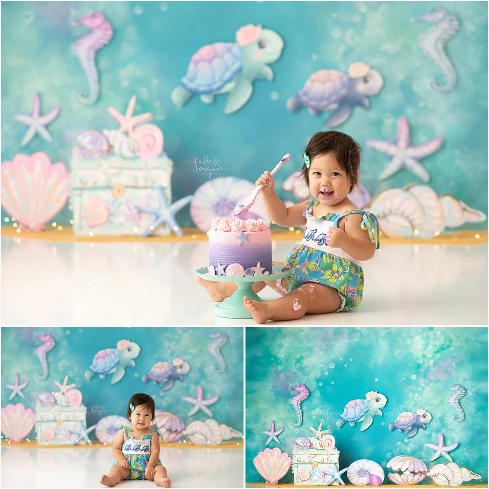 

Blue Ocean Photo Background for Sea Turtle Treasures Photography Backdrop Cloth Children Birthday Cake Smash Photo Studio Props