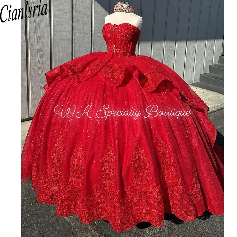 

Red Charro Quinceanera Dresses Ball Gown Sweetheart Sparkly Beaded Bow Mexican Sweet 16 Dresses 15 Anos