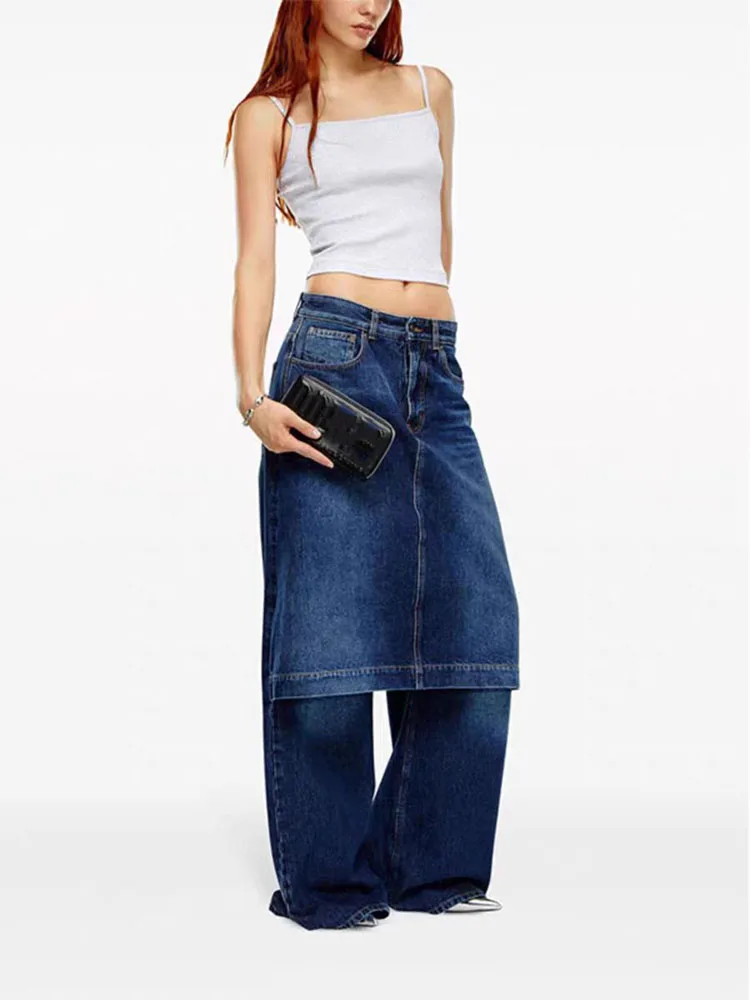 

pants y2k spring/summer half skirt front piece patchwork cotton women's jeans2024 high waist straight wide leg Woman trouser