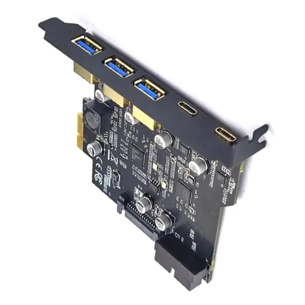 USB 3.2 Gen1 5Gbps Expansion Card with 2 USB-C 3 USB-A Ports and 19 Pin Internal Connector for Desktop Computers
