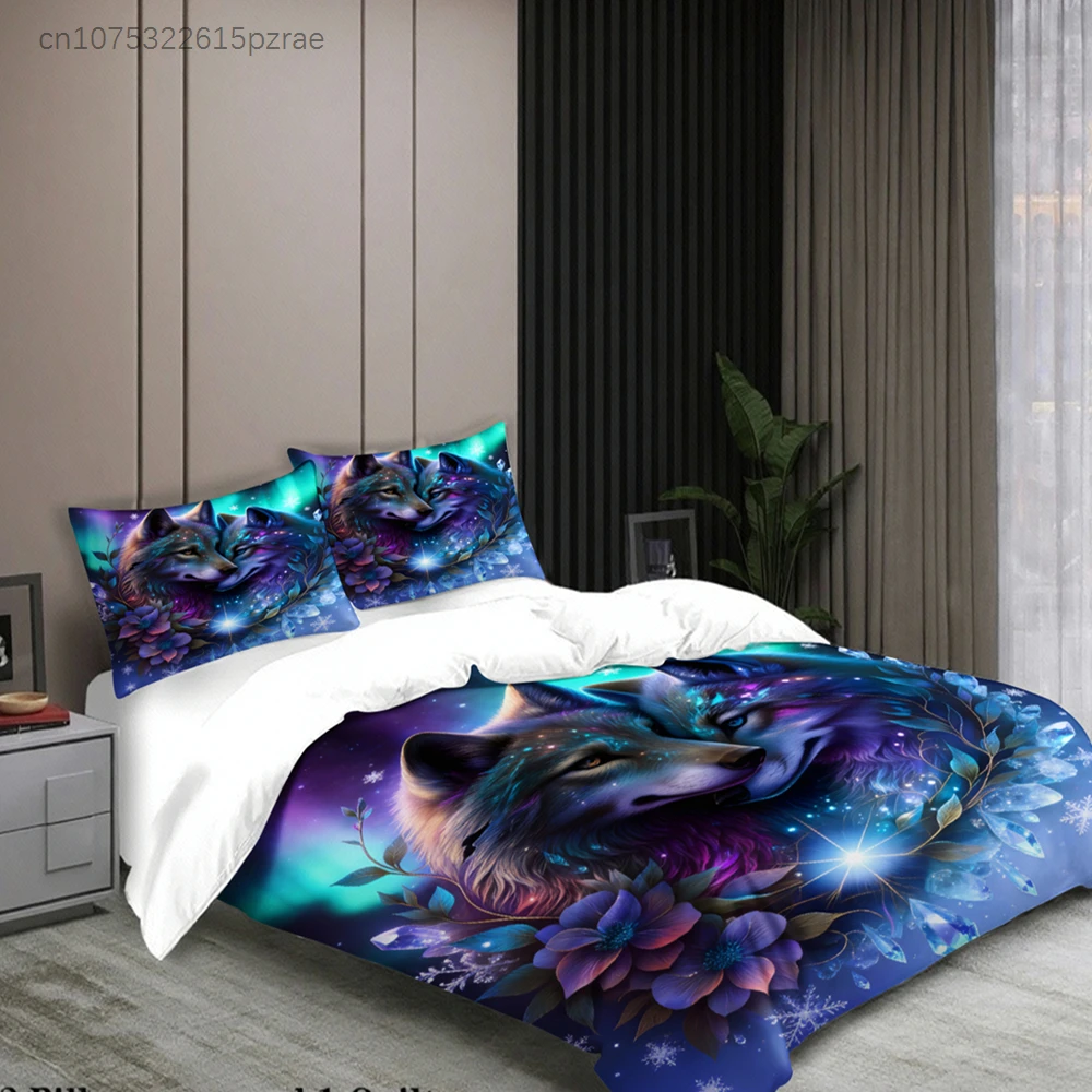 Wolf Couple Bedding Set Blue Purple Aurora Floral Print Bedding Set With Duvet Cover & Pillowcases For Bedroom Decor