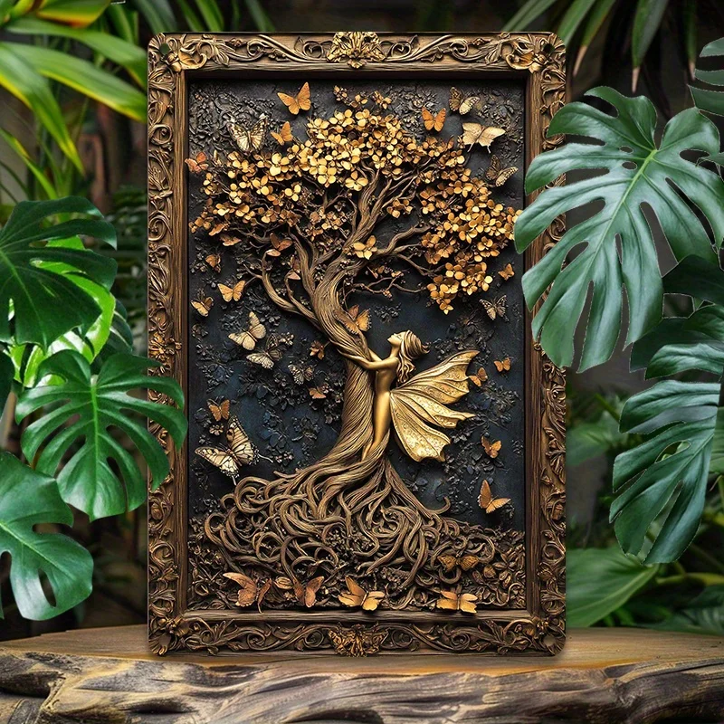 

1pc 3D Embossed Aluminum Wall Art, Tree of Life with Butterflies, Waterproof Metal Tin Sign, High-Quality Indoor Wall Decor