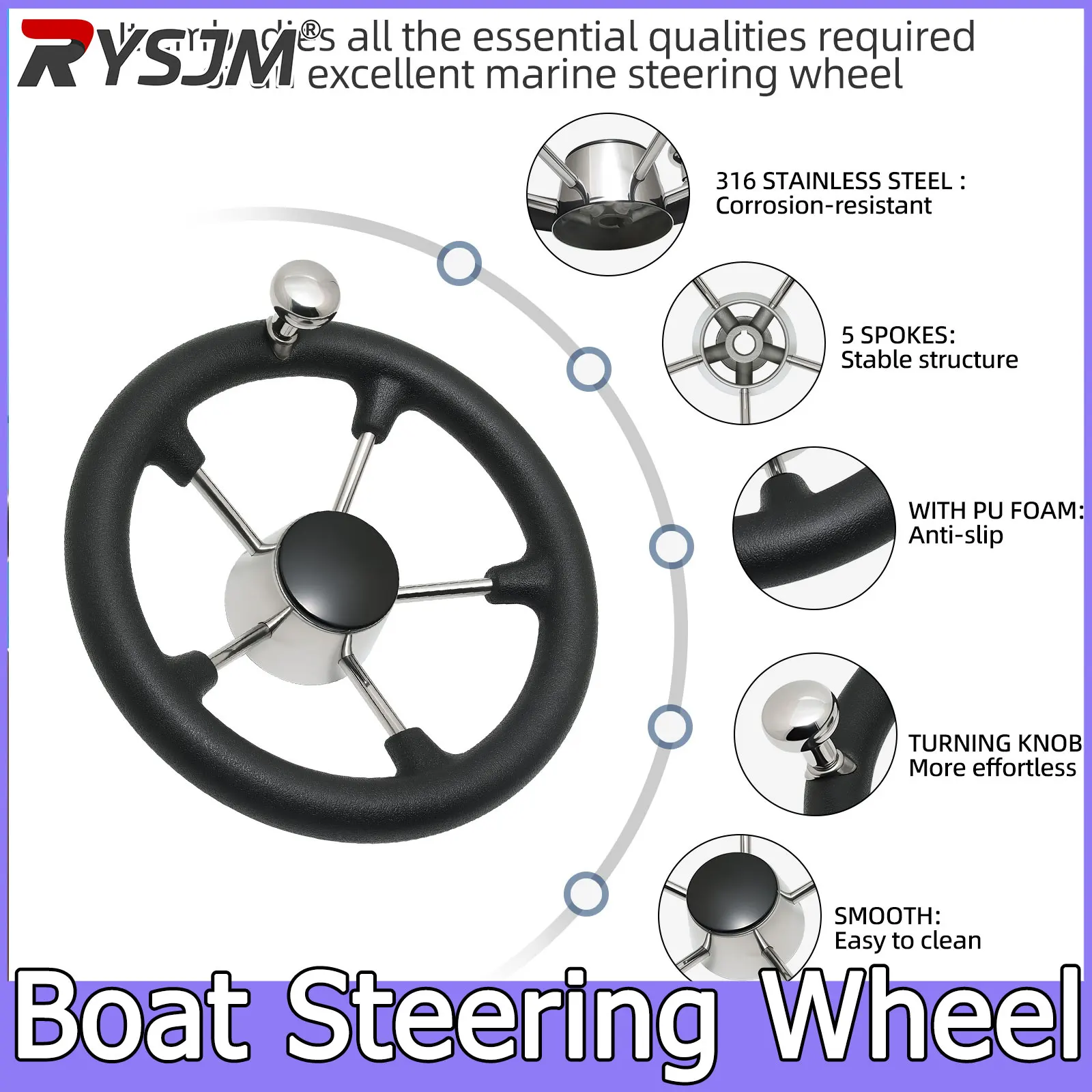 1pc Steering Wheel With Knob 11inch Marine Boat Steering Wheel 5 Spoke Destroyer With Black Foam Stainless Steel Steering Wheel
