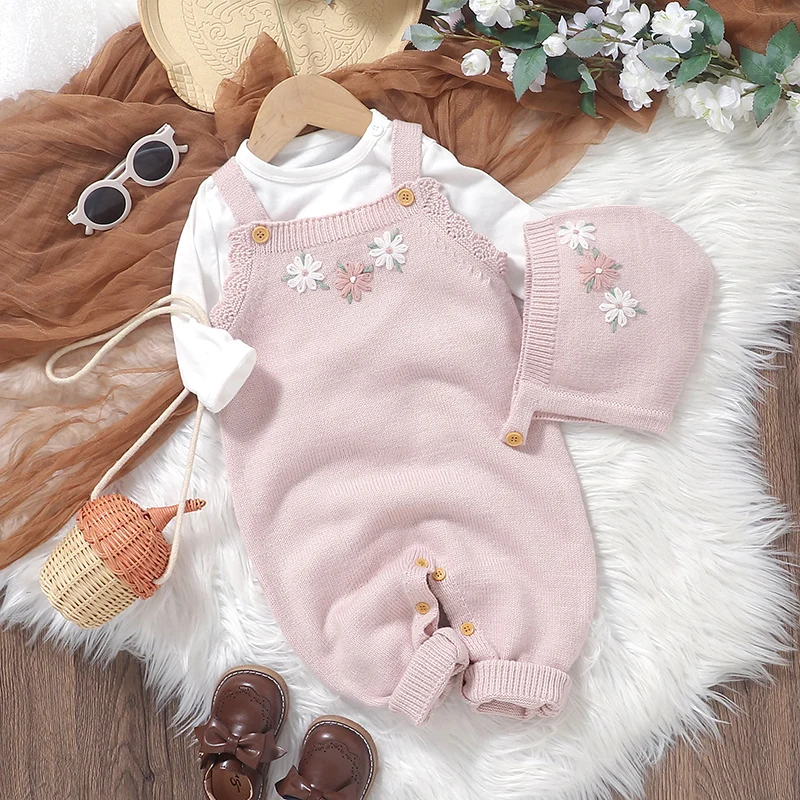 Newborn Baby Romper Knit Infant Girl Jumpsuit Fashion Embroidered Florals Toddler Kid Clothes Hat 0-18M Overalls Sleeveless 2pcs