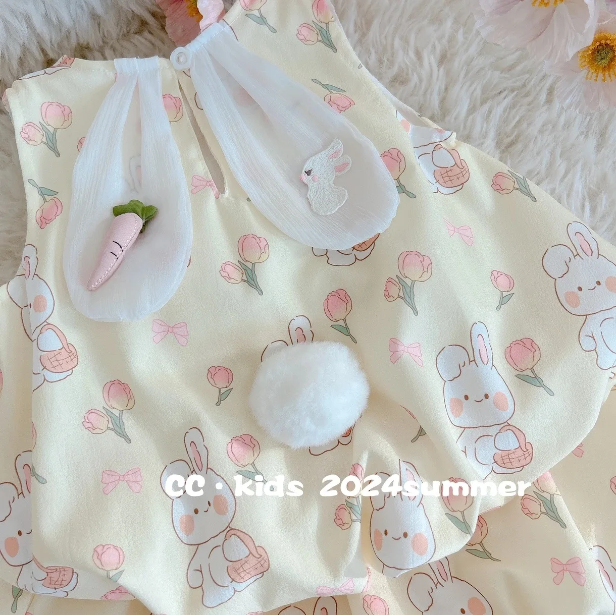 2024 New Summer Girl Baby Set Cute Little Rabbit Tulip Printed Tank Top+Flower Bud Shorts Two Piece Set Vivid Chic Children Wear