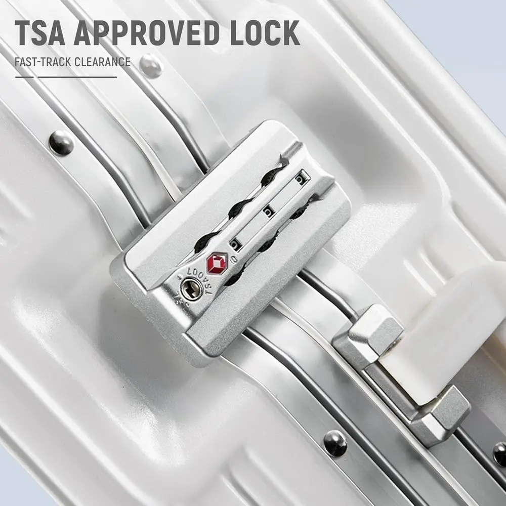 20 TSA-Approved Aluminum Frame Zipperless Carry-On Suitcase with Spinner Wheels for Short Trips, ABS+PC Shell, White