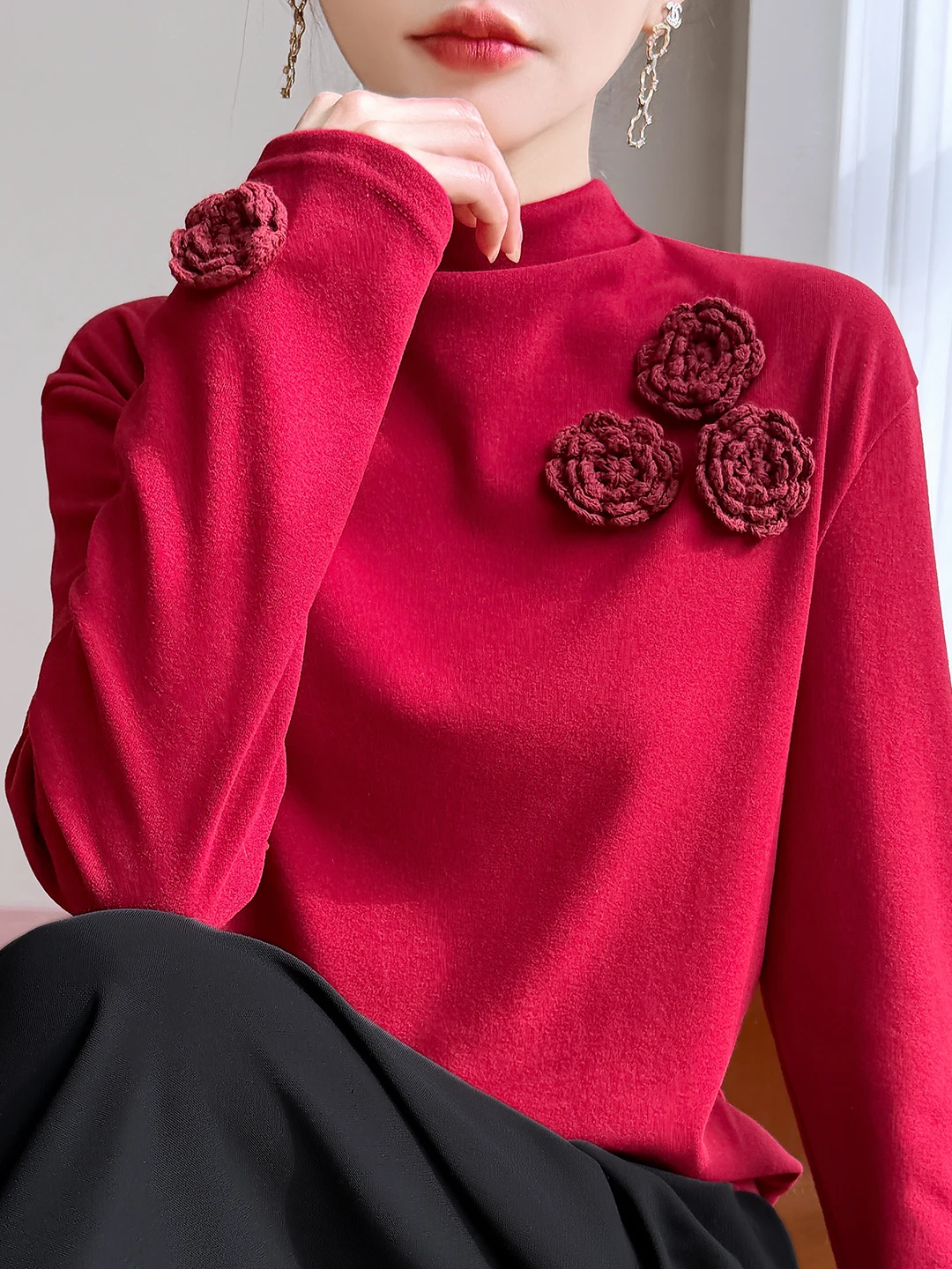 Ele Autunno Inverno Maglione lavorato a maglia da donna Slim Fit High Ne Design floreale 3D Base calda Tessuto morbido in poliestere