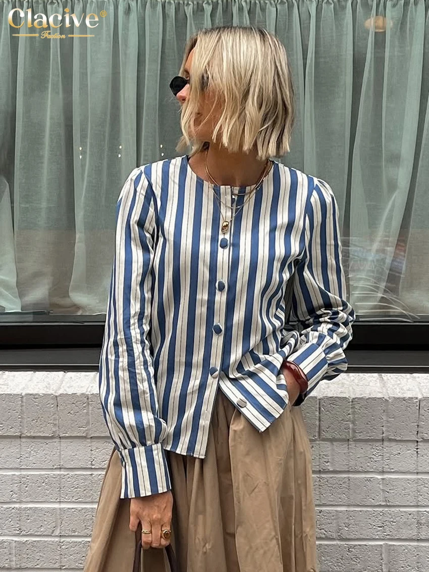 

Clacive Fashion Loose Stripe Print Women's Blouse 2026 Spring O-Neck Long Sleeve Shirt Elegant Classic Top Female Clothing