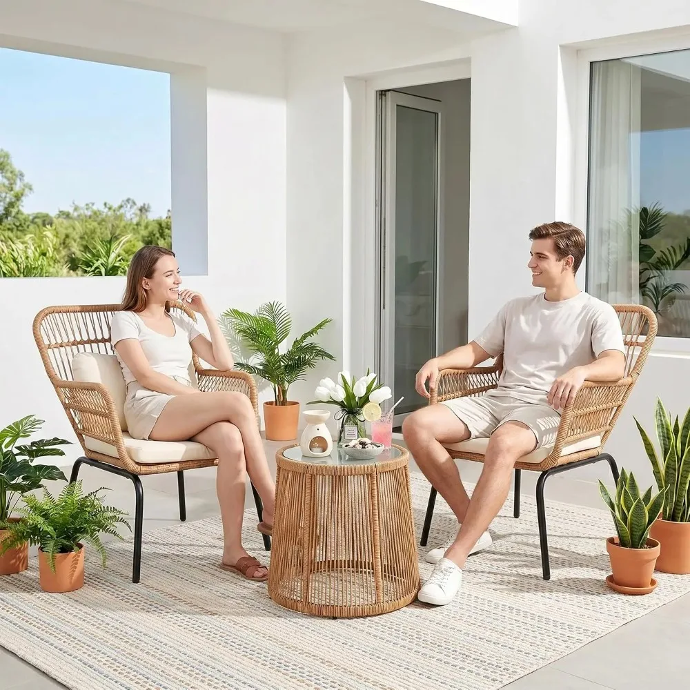 3 Piece Outdoor Wicker Furniture Bistro Set, Rattan Chairs Conversation Sets Wicker Patio Furniture for Balcony, Custom
