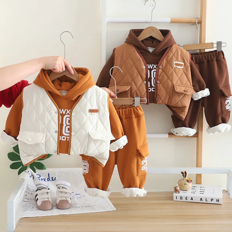 ‌2025 Winter Boys Warm Fleece Set 3-Piece Outfit Cotton-Lined Vest + Hoodie + Pants Thermal Toddler Clothes for Kids